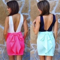 Sexy Backless Bowknot Contrast Color Sleeveless Dress