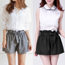 Fashion Bowknot Lace-up Flouncing Solid Color Casual Shorts