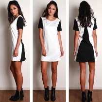 Fashion Contrast Color Short Sleeve Round Neck Loose Dress