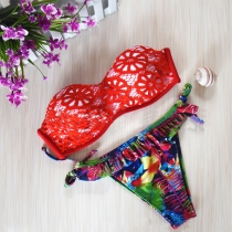 Sexy Lace Spliced Bandeau Bra + Floral Print Briefs Bikini Set