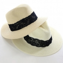 Fashion Lace Spliced Jazz Hat Sunscreen Straw Hat