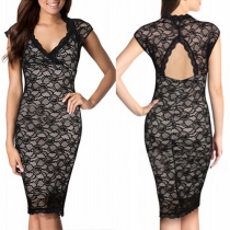 Sexy Hollow Out Deep V-neck Slim Fit Lace Dress