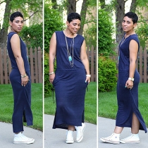 Fashion Sleeveless Round Neck Slit Hem Solid Color Maxi Dress