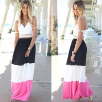 Sexy Lace Spliced Crop Tops + High Waist Contrast Color Skirt Set
