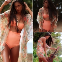 Fashion Floral Print Tassel Pompoms Spliced Beach Sunscreen Cardigan