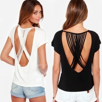 Sexy Crossover Backless Bat Sleeve Solid Color T-shirt