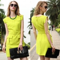 OL Style Solid Color Slim Fit Dress with Waistband