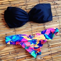 Sexy Bandeau Bra + Floral Print Briefs Bikini Set
