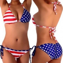 Sexy American Flag Star Stripe Halter Bikini Suit