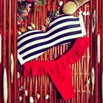 Sexy Striped Bandeau Bra + Flouncing Briefs Bikini Set