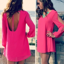 Sexy Backless Long Sleeve Solid Color Chiffon Dress