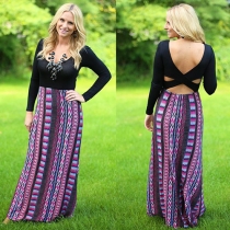 Sexy Crossover Backless Long Sleeve Printed Maxi Dress