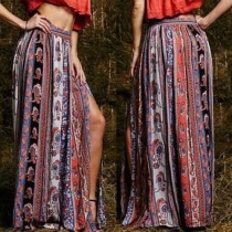 Bohemian Style Floral Print High Waist Slit Hem Maxi Skirt
