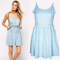 Fashion Hollow Out Lace Spliced Blue Sling Dress