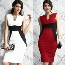 Fashion Contrast Color U-neck Sleeveless Slim Fit Dress
