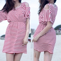 Sexy Off-shoulder Short Sleeve Round Neck Striped Dress
