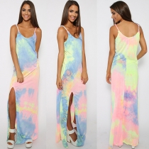 Sexy Slit Hem Rainbow Tie-dye Printed Sling Maxi Dress