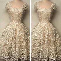 Elegant Short Sleeve High Waist Hollow Out Lace Party Dress