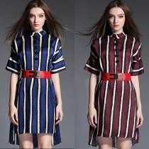 Fashion Classic Round-neck Half Sleeve Striped Slim Irregular High-low Hem dress