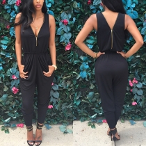 Sexy Solid Color Sleeveless V-neck Zipper Gathered Waist Jumpsuit