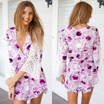 Casual Elegant V-neck Long Sleeve Lace Spliced Floral Print Beach Dress