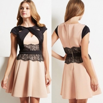 Elegant Lace Spliced High Waist Contrast Color A-line Dress