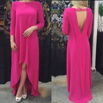 Sexy Backless Long Sleeve Irregular Hem Solid Color Dress