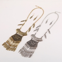 Vintage Leaves Tassel Pendant Necklace + Earrings Set