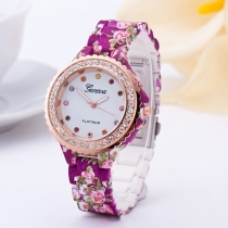 Fashion Floral Print Watch Band Rhinestone Round Dial Quartz Watches