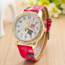 Retro PU Leather Watch Band Rhinestone Round Dial Women Quartz Watches