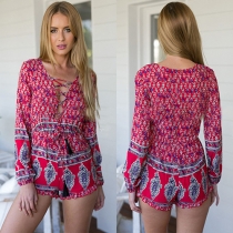 Fashion Long Sleeve Gathered Waist Lace-up V-neck Printed Rompers