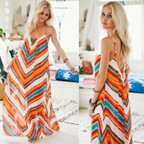 Sexy Backless Low-cut Colorful Striped Chiffon Cami Dress