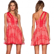 Sexy Oblique Shoulder High Waist Hollow Out Sling Lace Dress