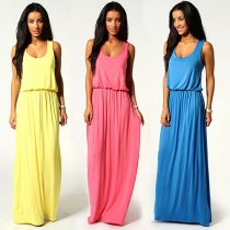 Fashion Sleeveless Round Neck Solid Color Maxi Dress