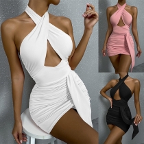 Sexy Backless Slit Hem Hollow Out Crossover Halter Dress