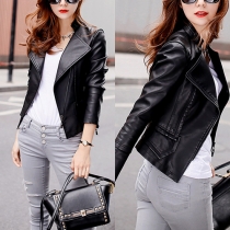 Fashion Long Sleeve Slim Fit PU Leather Moto Jacket