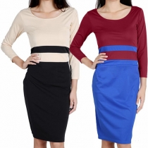 Fashion ContrasT Color Long Sleeve Round Neck Slim Fit Dress