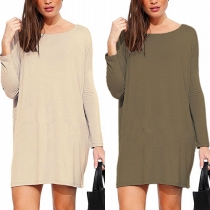 Fashion Solid Color Long Sleeve Round Neck Shift Dress