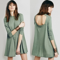 Sexy Backless Long Sleeve Round Neck Solid Color Shift Dress