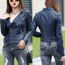Fashion Long Sleeve Lapel Solid Color Slim Fit PU Leather Jacket