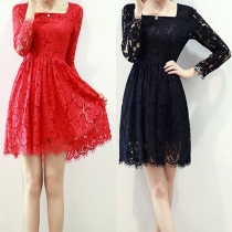 Fashion Long Sleeve Square Collar Slim Fit Lace Dress
