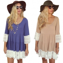 Fashion 3/4 Sleeve Round Neck Lace Spliced Loose Dress