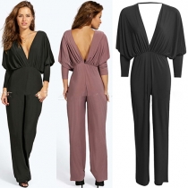 Sexy Backless Deep V-neck Long Sleeve Solid Color Jumpsuits
