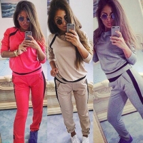 Fashion Contrast Color Long Sleeve Round Neck Sports Suit