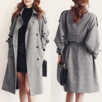 Fashion Long Sleeve Double-breasted Trench Coat with Waist Strap