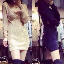 Sexy Deep V-neck Long Sleeve Hollow Out Slim Fit Knitted Sweater Dress