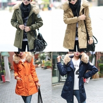 Fashion Solid Color Hooded Faux Fur Collar Warm Padded Coat