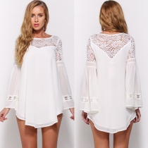 Sexy Solid Color Round Neck Long sleeve Lace Spliced Hollow Out Chiffon Mini-dress