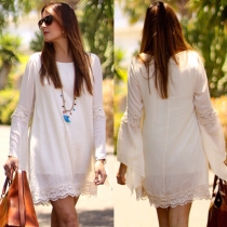 Fashion Solid Color Round Neck Long Sleeve Lace Spliced Chiffon Dress