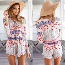 Fashion V-neck Belted Long Sleeve Flouncing Printing Playsuits